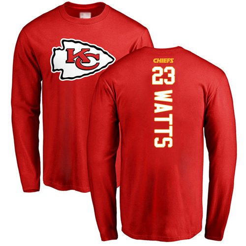 Men Kansas City Chiefs #23 Watts Armani Red Backer Long Sleeve T-Shirt->nfl t-shirts->Sports Accessory